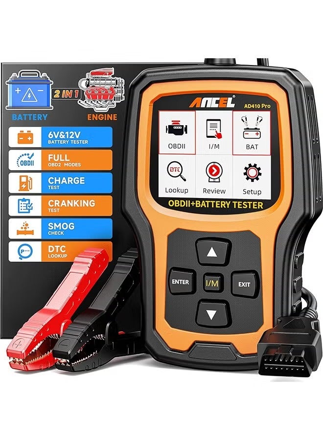 ANCEL AD410 Pro 2 in 1 OBD2 Scanner Battery Tester, OBD2 Scanner Diagnostic Tool for Car Check Engine Code Reader Scan Tool & 6V 12V 100-2000 CCA Battery Charging Cranking Test EVAP Live Data - Image 1